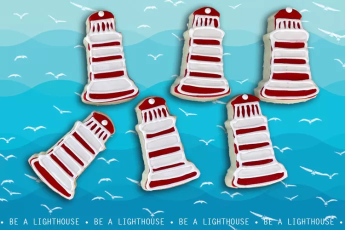 Blue and white stripes on these lighthouses gives them a seaworthy appearance.